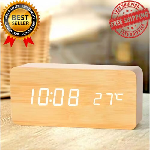 Wooden Digital Alarm Clock, LED Alarm Clock with Temperature Desk Clocks