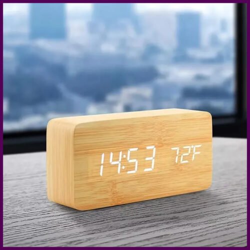 Wooden Digital Alarm Clock LED Table Clock with Temperature for Bedroom Office