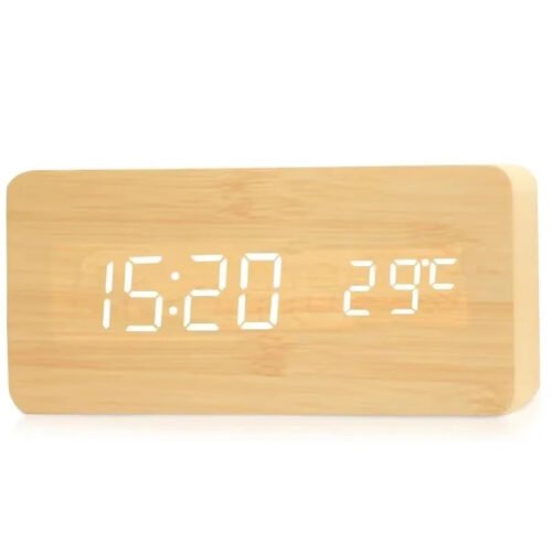 Wooden Digital Alarm Clock LED Table Clock with Temperature for Bedroom Office