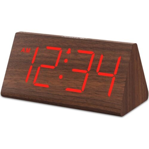 Wooden Digital Alarm Clock Red Electric Large Numbers USB Port Battery Backup