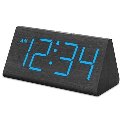 Wooden Digital Alarm Clocks for Bedrooms - Electric Desk Clock with Black-blue