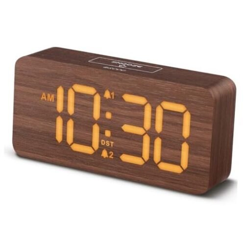 Wooden Digital Alarm Clocks for Bedrooms: Dimmable Dual Brown - Amber Digits