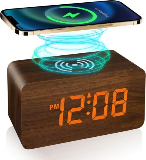 Wooden Digital Alarm Clocks with wireless charging for Bedrooms LED Brown