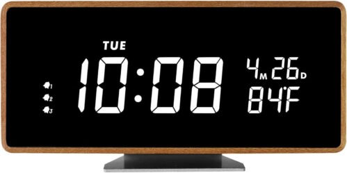 Wooden Digital Alarm Clock with Bluetooth Speaker Temperature Date Smart Electri