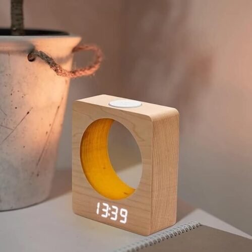 Wooden Digital Alarm Clock with LED Light - Adjustable Brightness, 3 Alarm