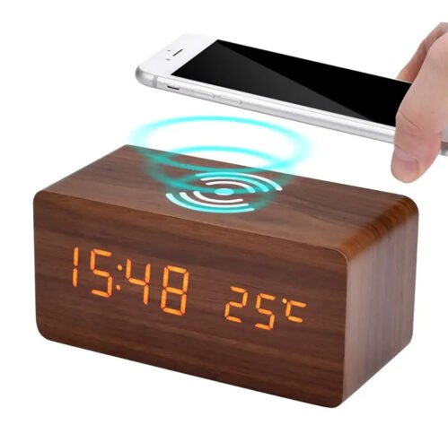 Wooden Digital Alarm Clock with Qi Wireless Charging Pad, Calendar, Temp Display