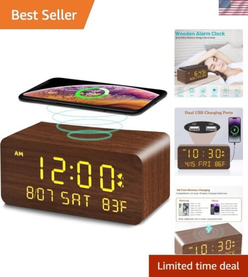 Wooden Digital Alarm Clock with Wireless Charging, 0-100% Adjustable Brightne...