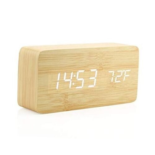 Wooden Digital Alarm Clock, Wood Fashion Multi-Function LED Alarm Clock Bamboo