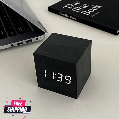 Wooden Digital Clock Desk Alarm Silent Bedside Voice Control Multifunction Clock