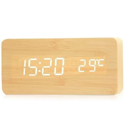 Wooden Digital LED Alarm Clock Desk Clock with Time Temp Display for Bedroom