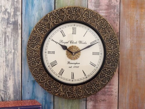 Wooden Frame Brass Carving Fitted Wall Clock Handcrafted Clock for living room