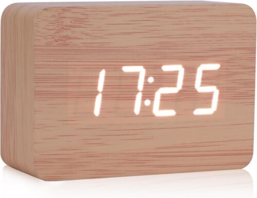 Wooden LED Digital Alarm Clock w/ Temp Humidity Display Voice Control Desk