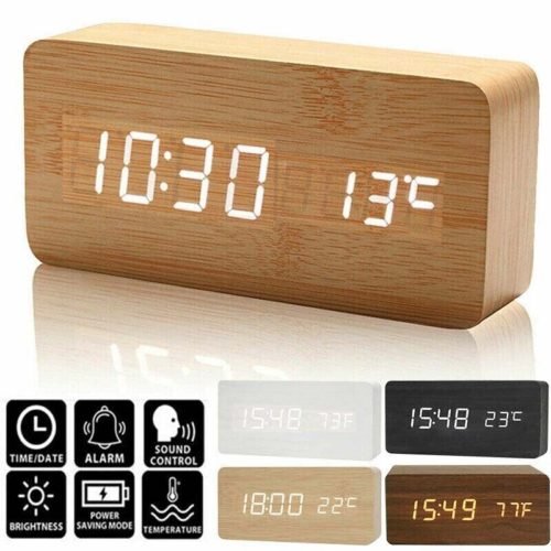 Wooden LED Digital Clock Alarm Clock Time Temperature Calendar USB Alarm Clock