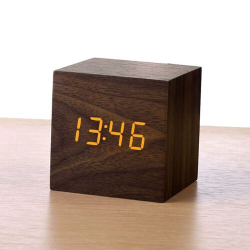 Wooden Minimalist Table Alarm Clock, Nightstand Bedside, black brown white, LED