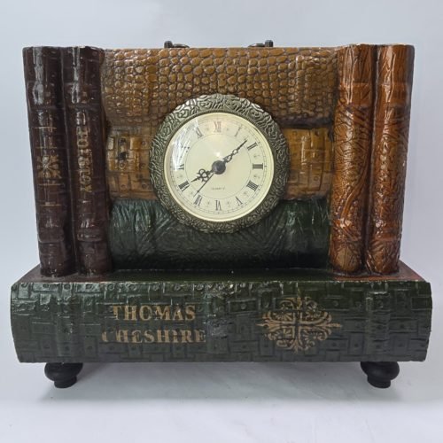 Wooden Quartz Mantel Shelf Table Clock Rustic Stacked Books With Drawer. 11x9"