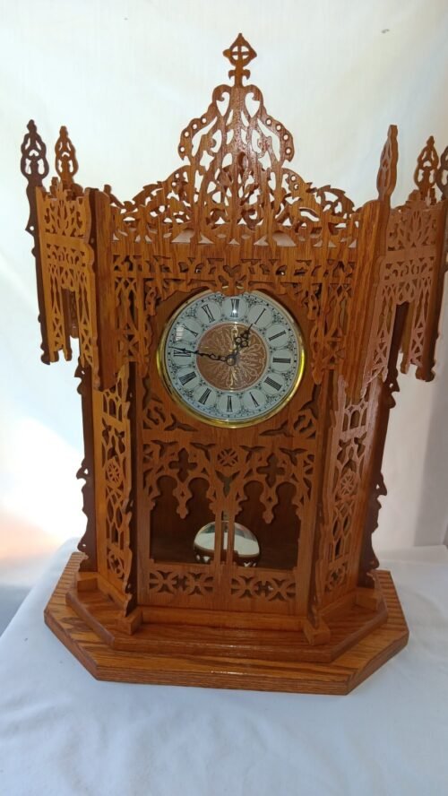 Wooden Saw Scroll Mantel Clock Battery Operated Pendulum & Chimes 22" Tall