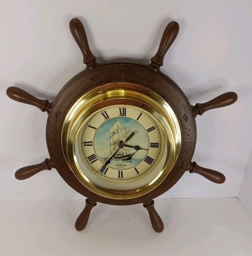 Wooden Ship Wheel Wall Clock Ship 18" Nautical Hanging Home Vintage Sunbeam