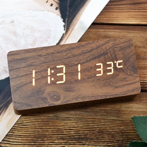 Wooden Square LED Smart Alarm Clocks for Bedrooms, Digital Bedside Clock with Te
