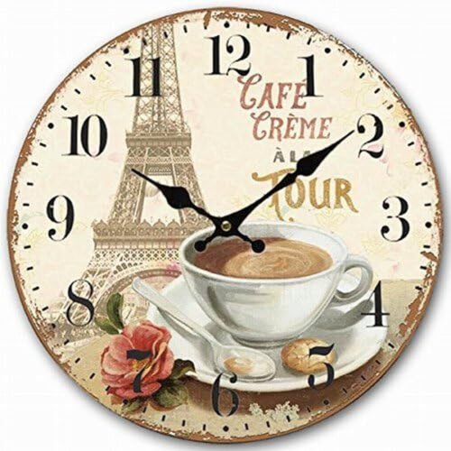 Wooden Wall Clock Paris French Eiffel Tower Coffee Cup Clock Retro Vintage Large