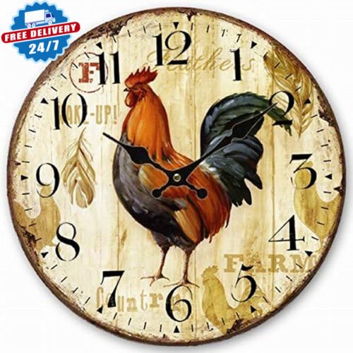 Wooden Wall Clock Rooster Chicken Clock Retro Vintage Large Clock Home Decorativ
