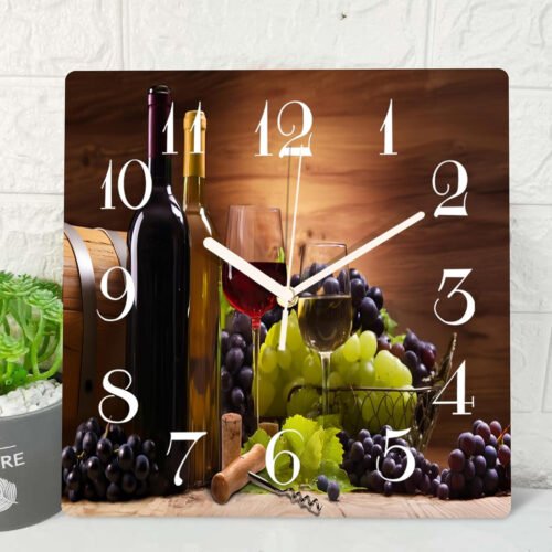 Wooden Wall Clock Silent Non-Ticking, Red Wine Grapes Farmhouse Modern Square Ru