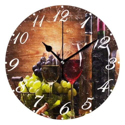 Wooden Wine Wall Clock Silent Non Ticking,Round Grape Floral Clocks Battery O