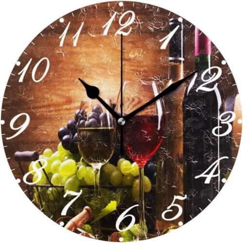 Wooden Wine Wall Clock Silent Non Ticking,Round Grape Floral Retro Clocks Batter