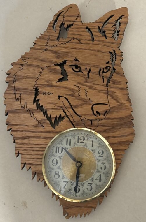 Wooden Wolf Handcrafted Cutout Hanging 14” Wall Clock Works 1 AA Battery Clocks