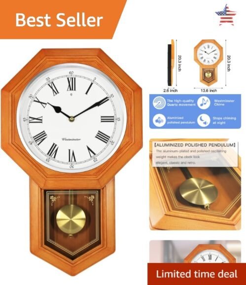 Wood Grain Pendulum Wall Clock - Westminster Chime - Elegant Traditional Style