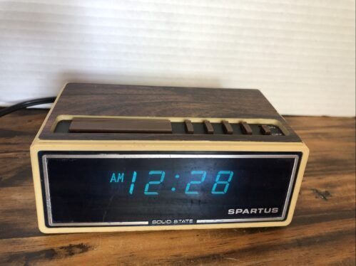 Wood grain Vintage Spartus Digital Alarm Clock Small Size Blue Numbers Snooze