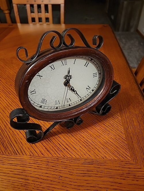 Wood Oval Black Wrought Iron Decorative Quartz Clock Mantel Battery - Works Good