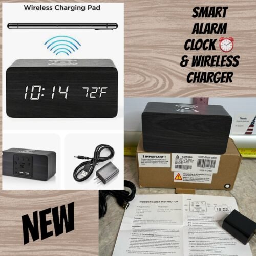 Wood smart Alarm Clock w Qi Wireless Charging Pad Voice Activated Display Temp
