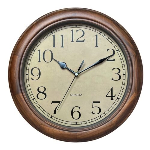 Wood Wall Clock with Retro Design, 12 Inch Round, Big Arabic Numerals, for Li...