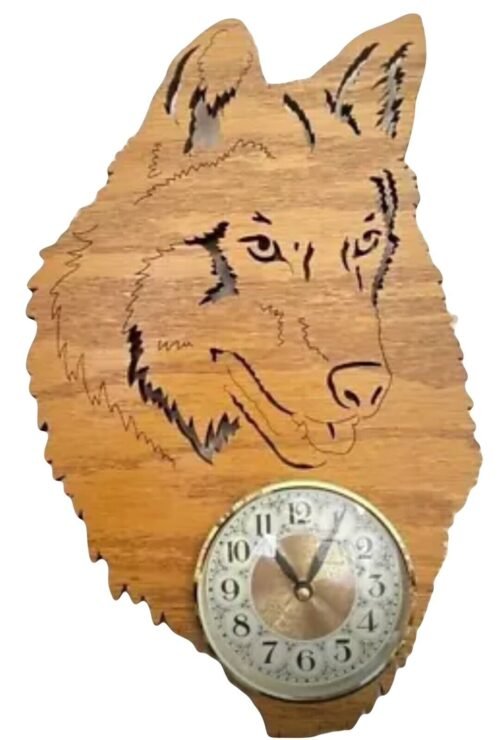 Wood Wolf Handcrafted Cutout Hanging Clock Working 1AA Battery 14" H X 8.5" W