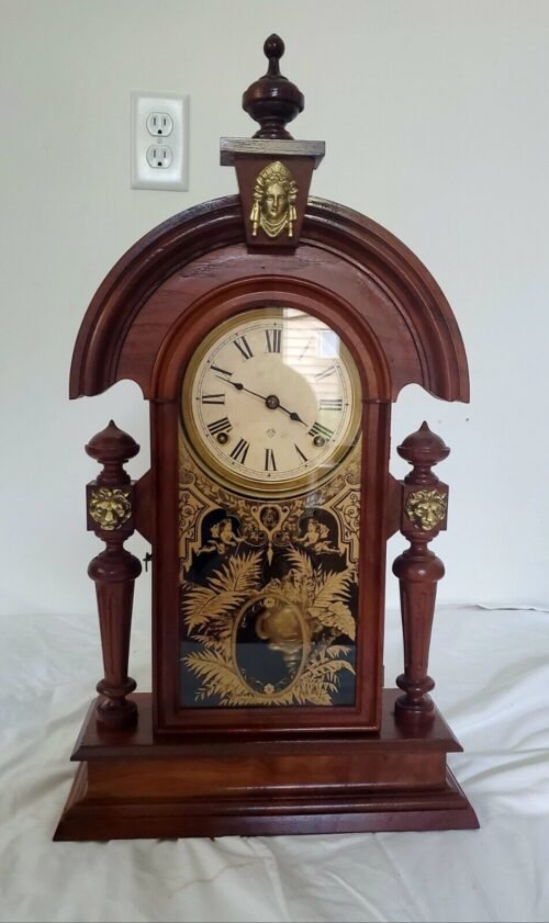 Working Antique Cottage Parlor Clock ANSONIA Walnut W/LADY HEAD