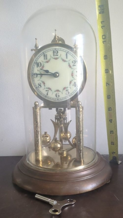 Working Vintage 1953 Euramca Trading Anniversary Clock Germany Key Glass Dome