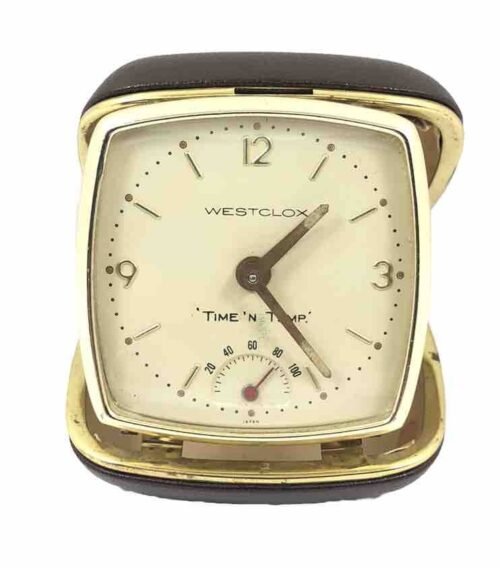 Working Westclox Brand Time & Temp Brown Travel Compact Alarm Clock Japan 1565-P