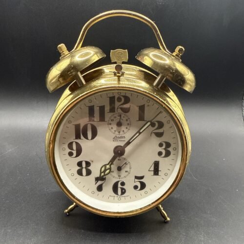 Works Antique Linden Black Forest Germany Double Bell Peg Leg Brass Alarm Clock