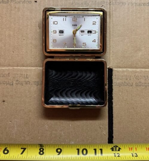 Works Great! Vintage Elgin Travel Alarm Clock- Day Date- Month. Luminous Hands