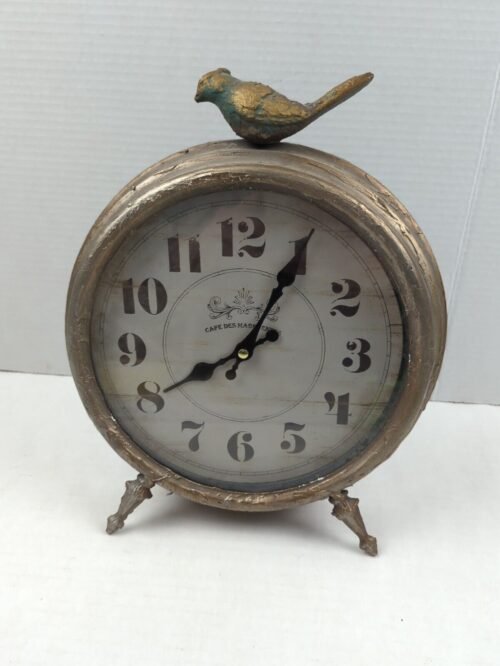 WORKS Metal Table Mantel Desk Clock Bird Aged Green Gold Battery Operated