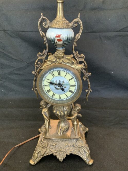 WORKS! VINTAGE FRENCH STYLE ELECTRIC CHERUB BRASS PEDESTAL CLOCK