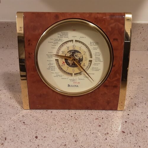 World Time Bulova Desk Clock- Airplane Second Hand Desk Mantle Brass & Plastic