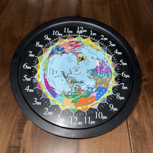 World Time Wall Clock 10” by Trintec Canada Colorful Plastic World Traveler