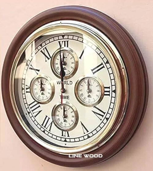 World Time Wooden Wall Clock Antique Stayle Home & Office Decor 16"