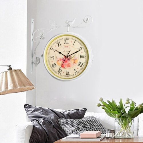 Wrought Iron Double Sided Hanging Clock Bedroom Garden Outdoor