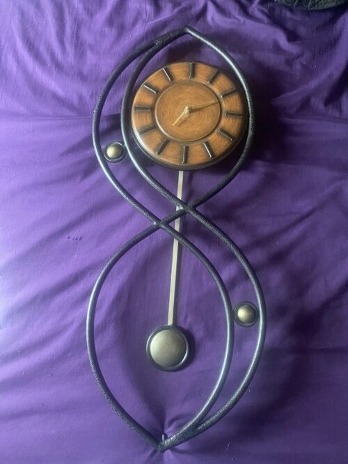 Wrought Iron Forged Metal Wooden Wall Clock Geometric MCM Pendulum 30x12