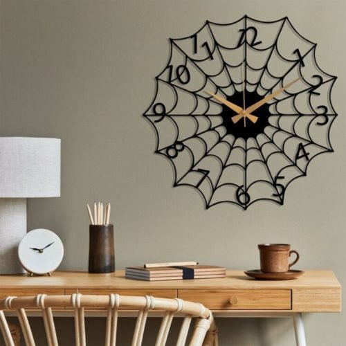 Wrought Iron Spiderss Web Decorative Clock Home Halloween Black Metal Spiderss