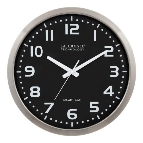 WT-3161BK 16 Inch Stainless Steel Atomic Clock, Analog, Silver