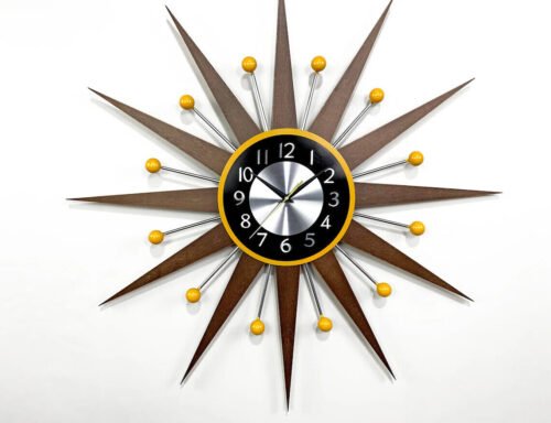 Yellow and Silver Handmade Sunburst Wall Clock 30" 26" George Nelson Style 1950s