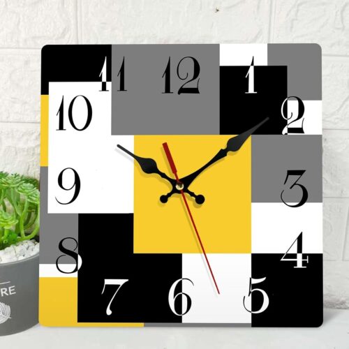 Yellow Black Grey Silent Wooden Wall Clock Square Battery Operated Home Decor